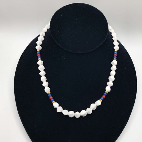 Vintage Monet lucite red white & blue beaded necklace - Picture 1 of 7